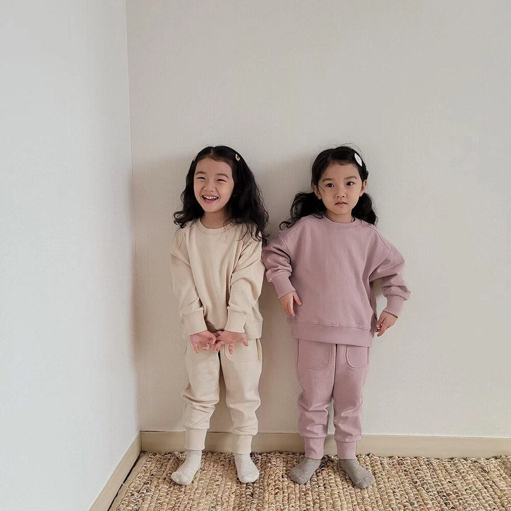 nvxiot Spring Korean Children's Suit Casual Unisex Comfortable Solid Color Sweater Pants Suit Autumn Sweater Top Pants Sports Suit