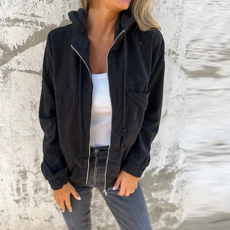 MQTIME - Casual Pocket Long Sleeved Commuter Outerwear New Simple Solid Color Corduroy Jacket Autumn Vintage Zipper Hooded Women's Coat
