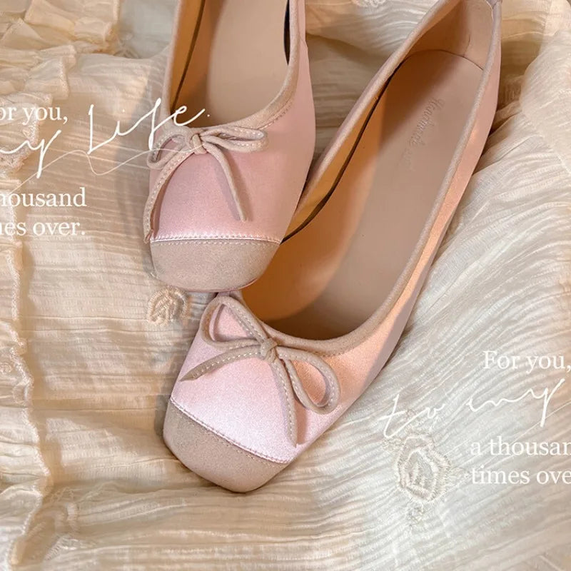 nvxiot - French Sheepskin Square Head Single Shoes Women Soft Bottom Ballet Shallow Mouth Bow Flat Plus Size 34-43 Casual Lolita Shoes
