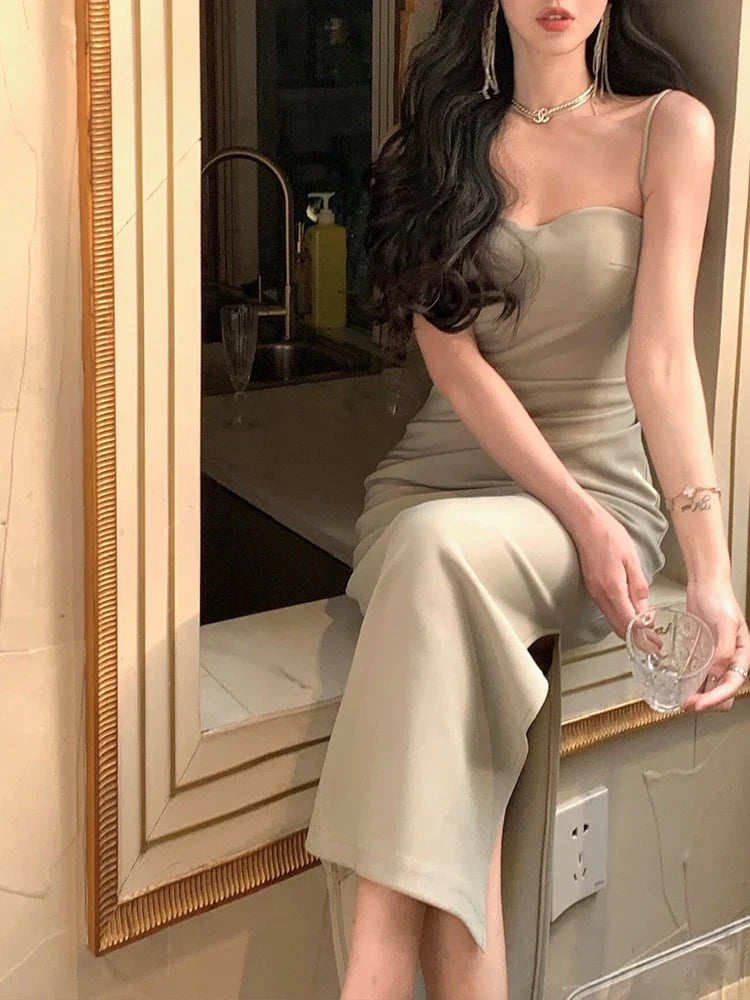 nvxiot - New Fashion Vintage Bodycon Dress for Women Elegant Sleeveless Spaghetti Strap Slim Solid Formal Dress French 2023 New Summer