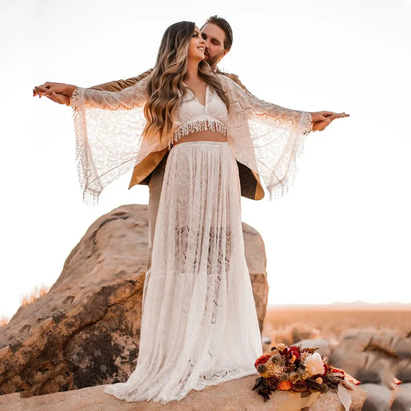 nvxiot - See Through Maternity Photography Dresses Sexy Tassel Photo Shoot Long Dresses V-neck Boho Pregnancy Lace Dresses