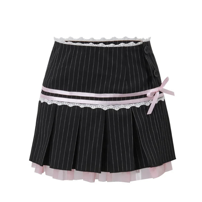 MQTIME - Vintage Black Plaid Stripe Pleated Skirt with Lace Bow Kawaii Skirts @E-girl 00s Fairycore 2000s Grunge Aesthetics Korean Cloth
