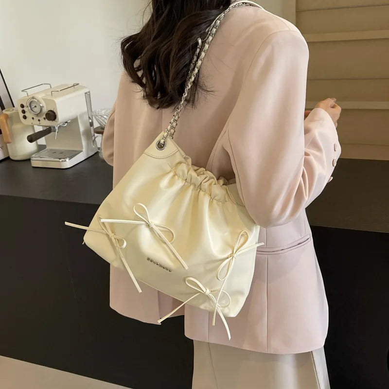 MQTIME - 2024 Summer New Ladies Handbag Fashion Simple Beige Pink Silver Pu Bucket Bags For Women Trendy Casual Shoulder Bag Crossbody