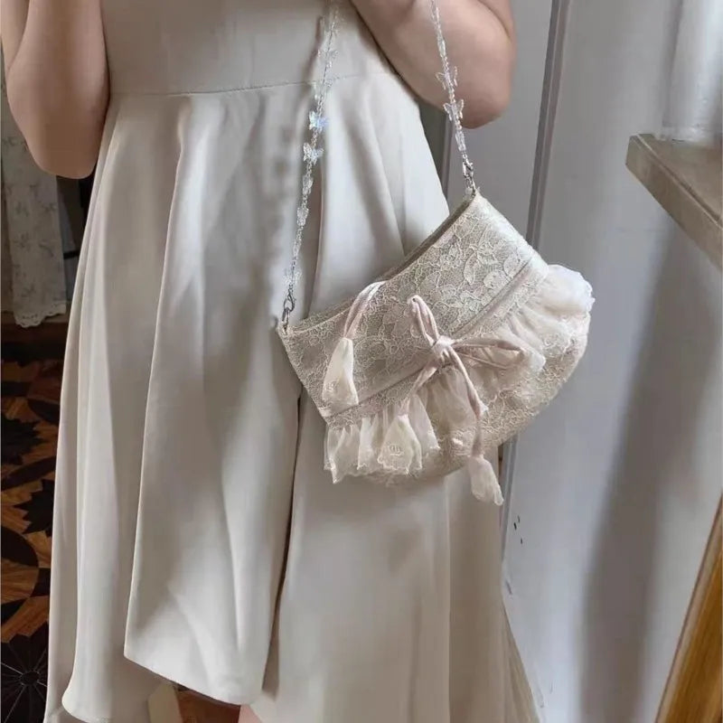 nvxiot - Lolita Lace Sweet Handbag Women Vintage Fairycore Aesthetic Bow Chic Shoulder Bags Purse Female Retro Underarm Bag Bolso