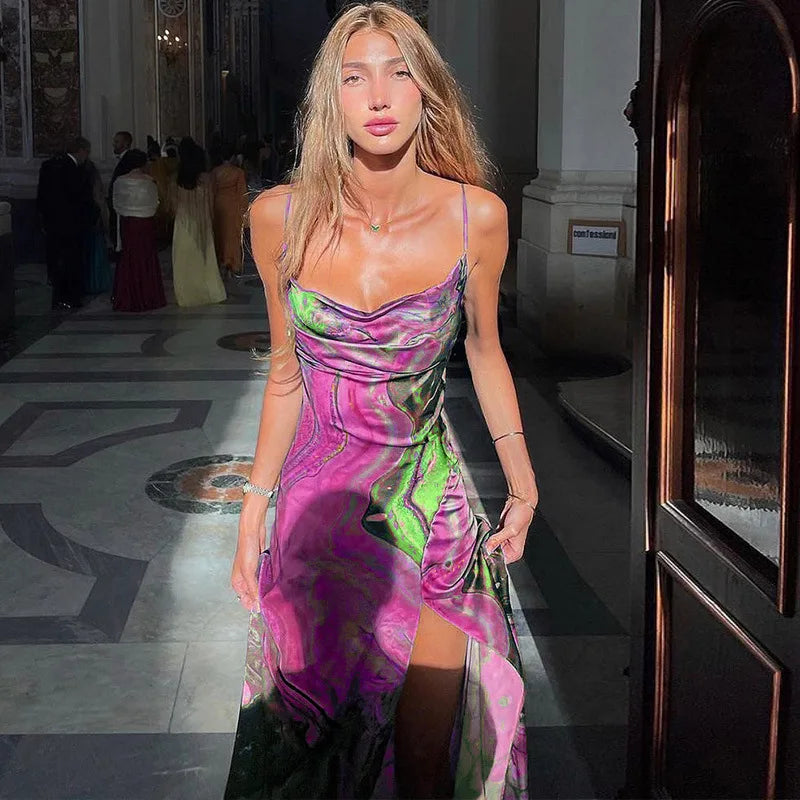 nvxiot - The New 2024 Summer Fashion Print Slim-fit Split Halter Top Strapless Dress Beach Style For Club For Party