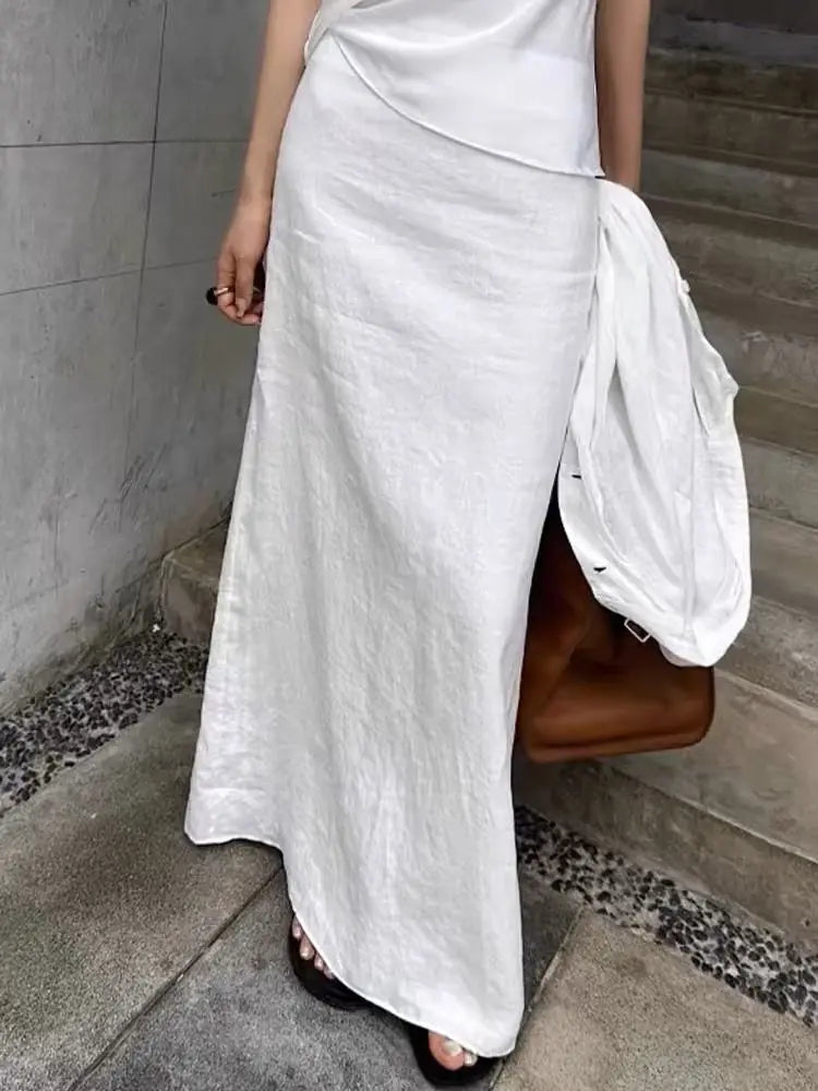 MQTIME - Vintage White Linen Maxi Skirt Straight Cotton High Waisted Split Casual Long Skirts for Women Office Lady Summer Skirt