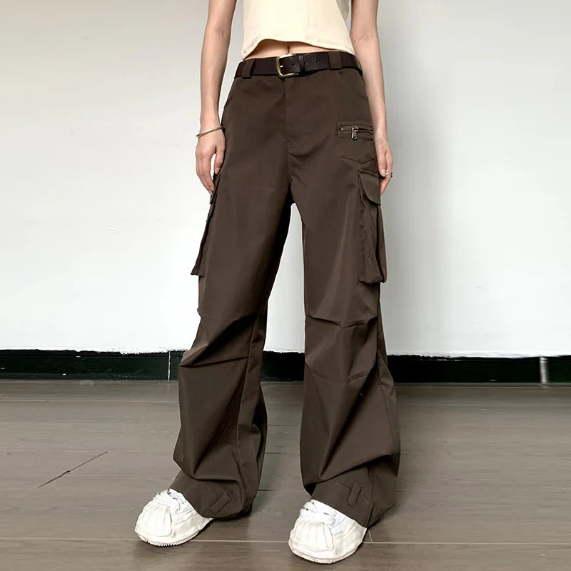nvxiot - Zipper Pockets High Waist Solid Y2K Streetwear Wide Leg Women'S Cargo Pants Casual Daily Vacation Wholesale Clothing