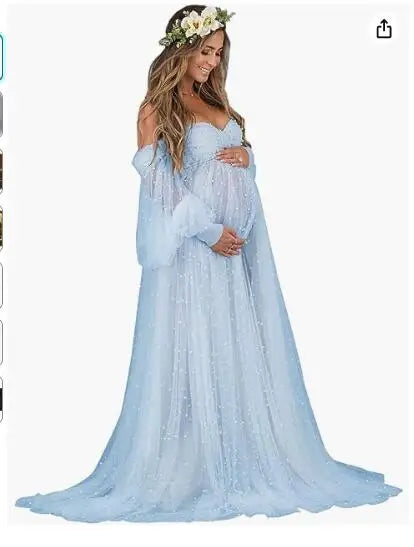 nvxiot - Pearl Tulle Maternity Dress for Photoshoot Long Puffy Sleeve Off Shoulder Babyshower Bridal Pregnancy Gowns