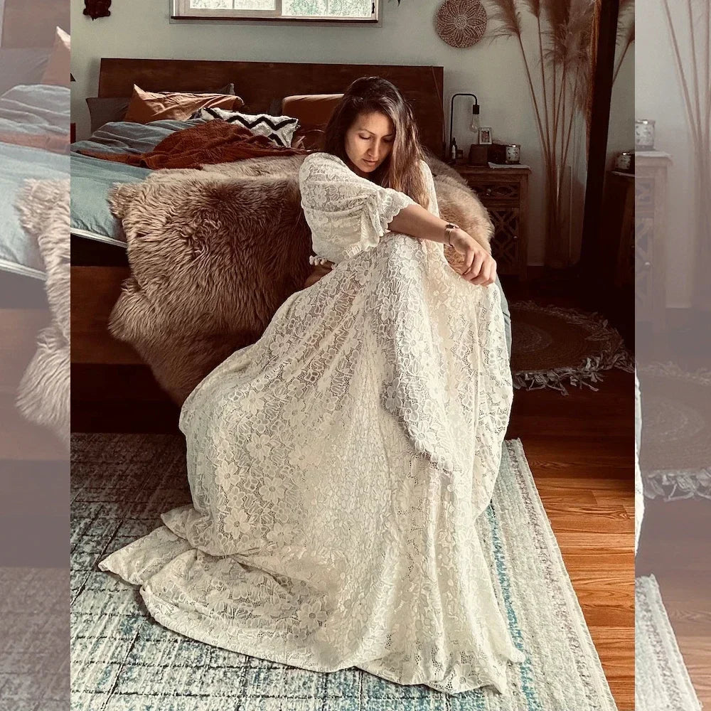 nvxiot - Sexy Boho Maternity Photography Props Dress Hollow Lace Two Piece Set Split Dress Pregnant Dress Baby Shower Dress
