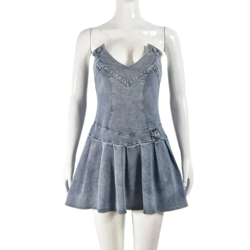 nvxiot - Women Fashion Sexy Denim Mini Pleated Dress V-neck Strapless Elastic Zip-up Backless Fit Flare Jeans Casual Summer Dresses