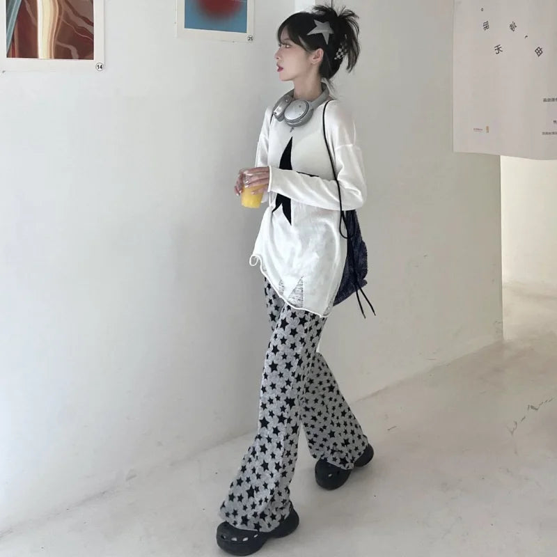 nvxiot - Star Print Flared Pants Women New Fashion Loose Drape High Waist Casual Pants American Retro Trend Striped Wide leg Pants