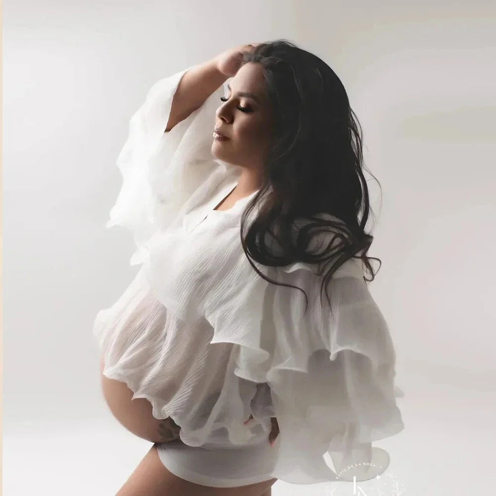 nvxiot - White Chiffon Ruffles Maternity Photography Tops Shirts Long Sleeve V Neck Pleats Chiffon Shirts For Pregnancy Photoshoot Blouse