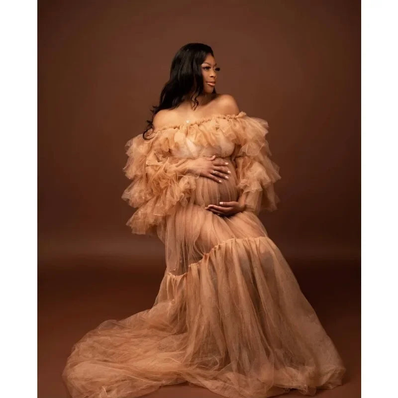 nvxiot - Tulle Evening Dresses For Pregnant Woman Side Ruffles | tulle dress gown robe maternity baby shower photo shoot Prom Gowns