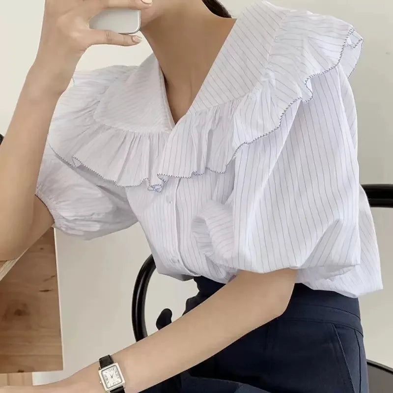 nvxiot - Korean Style Female Shirts Summer Minimalist Navy Collar Ruffle Stripe Blouse Loose Single Breasted Short Bubble Sleeve Tops
