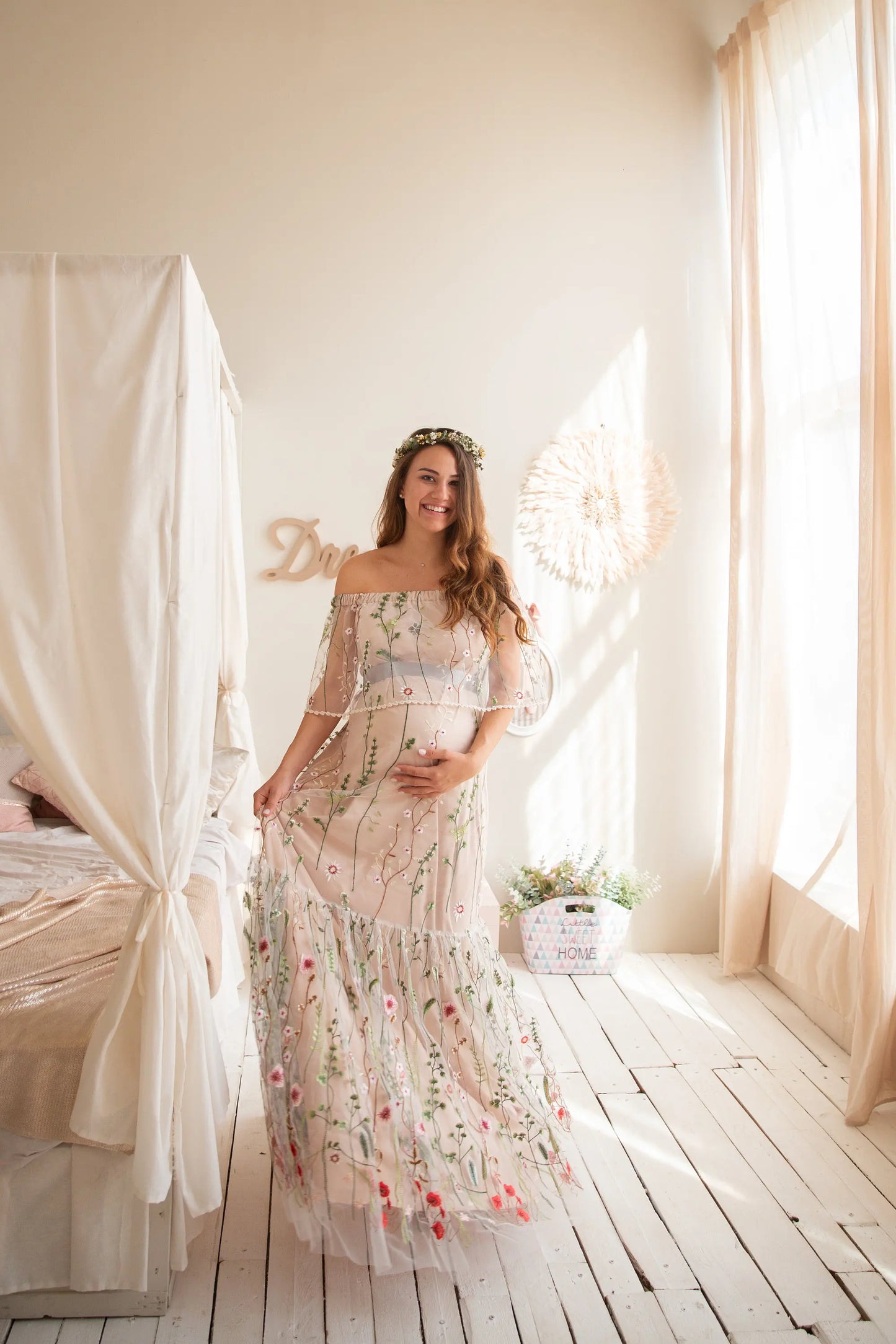 nvxiot - Embroidered Floral Bride Maternity Dress for Photoshoot Wedding Guest Baby Shower Pregnancy Dress Robes for Women