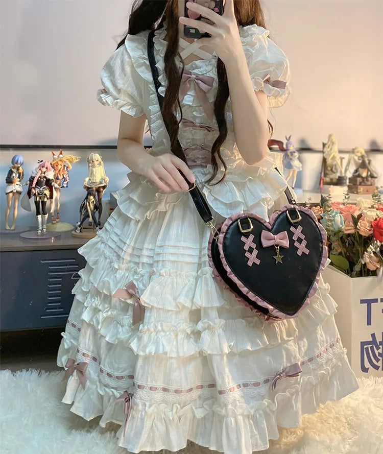 nvxiot - Lolita Kawaii Love Bow Knot Heart Purses Handbags Women Lolita Shoulder Bag Stitching Color Leather Japanese Handbag New