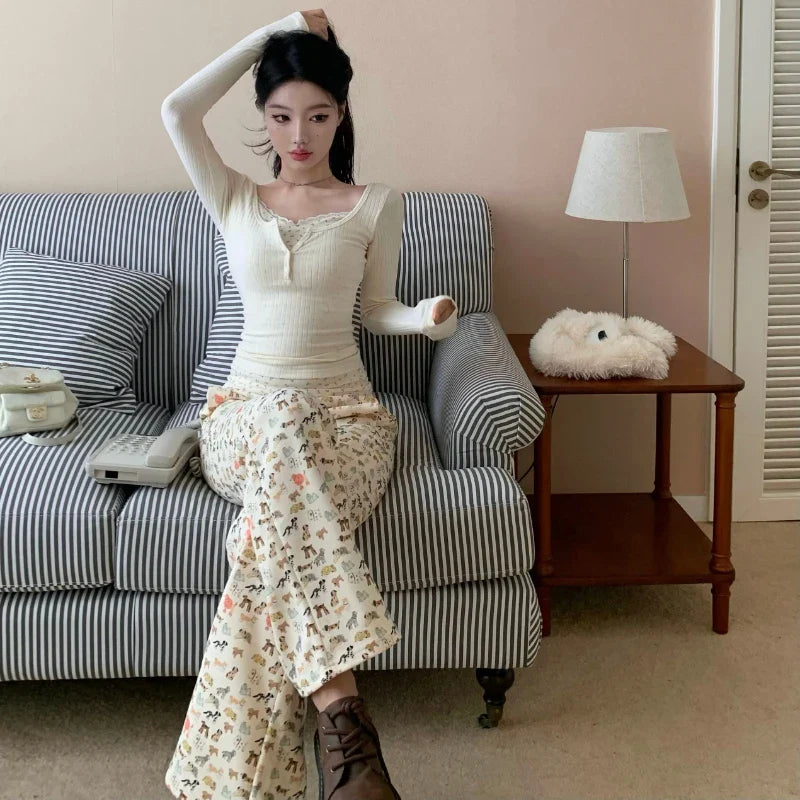 nvxiot 2024 Spring New Korean Contrast Color Patchwork Casual Long-sleeved T-shirt Women + Puppy Printed Wide Leg Pants Two-piece Suit