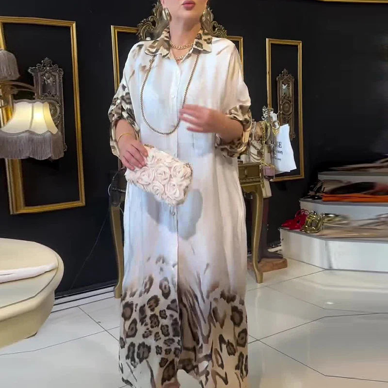 MQTIME - Vintage Leopard Print Patchwork Party Dress Casual Women's Single Breasted Shirt Dress Fashion Satin Loose Commuting Long Dress