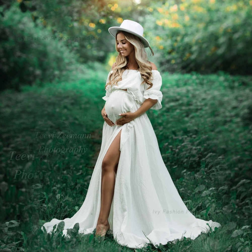 nvxiot Bohemian Pregnancy Dress Side Split Ruffle Edge Vintage Comfortable Linen Dress Comfortable Linen Boho Style Baby Shower Dress