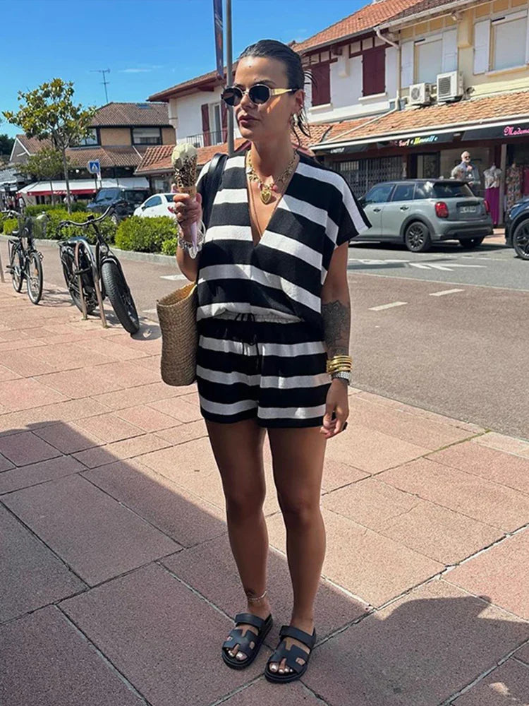 MQTIME - Casual Striped Women Short Suits V-neck Loose T-shirt Lace Up High Waist Mini Shorts 2024 Summer New Chic Female Two Pieces Sets
