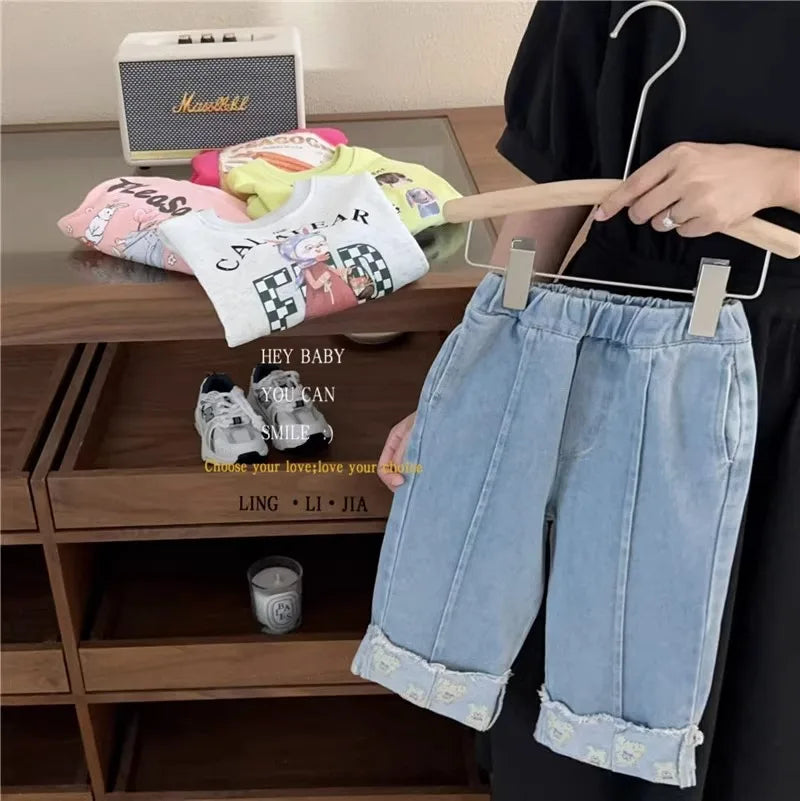 nvxiot - Spring Autumn Korean Children Girl Jeans Pant Cotton Elastic Waist Bear Hem Kid Girl Trouser Solid Casual Kid Girl Wide Leg Pant