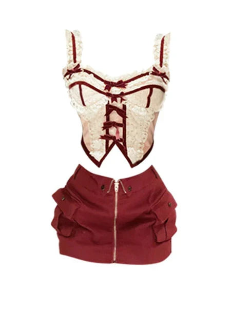 MQTIME - Sexy Red Zipper Mini Skirt Hotsweet High Street Pocket Cargo Skirt Korean Style Design High Waist Slim Skirts for Women