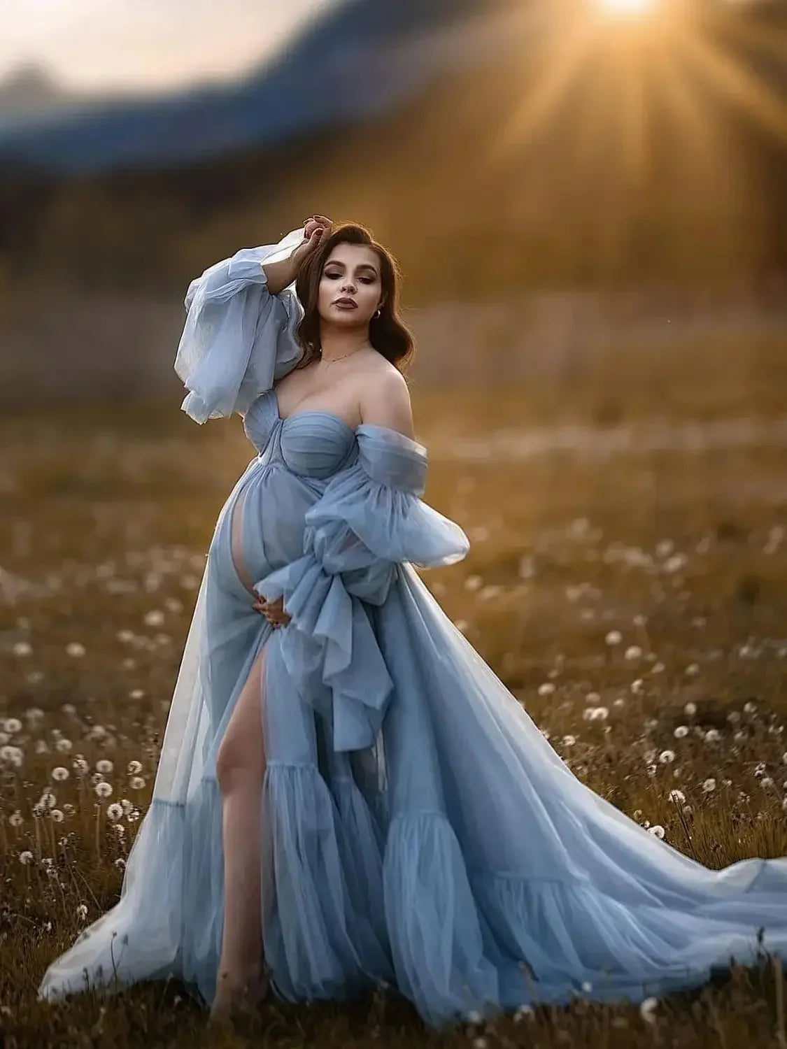 nvxiot - Maternity Dresses For Woman Sweetheart Neckline Off Shoulder Babyshower For Photography Props Front Slit Pregnant Woman Gowns