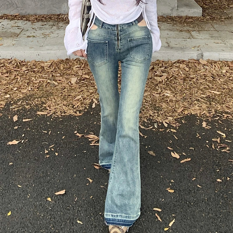 nvxiot Low Waist Hollow Y2K Sexy Slim Distressed Jeans Women Autumn New High Street Fashion All Match Washed Wide Leg Pants