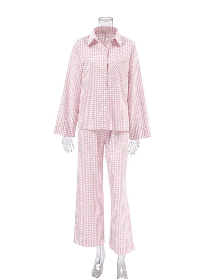 MQTIME - Marthaqiqi Plaid Women Nightwear Suit Long Sleeve Nightgowns Turn-Down Collar Sleepwear Wide Leg Pants Ladies Pajama 2 Piece Set