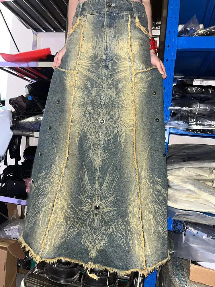 MQTIME - American High Waist Denim Skirt for Women with Raw Edge Autumn New Heavy Industry Embroidery Design Tassel A-line Long Skirt