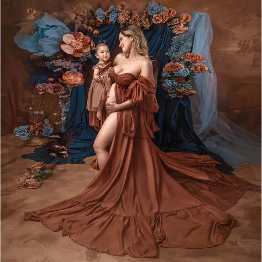 nvxiot - Vintage Brown Chiffon Maternity Photography Dress Plus Size Open Back Loose Pregnancy Gown for Photoshoot Baby Shower Robe