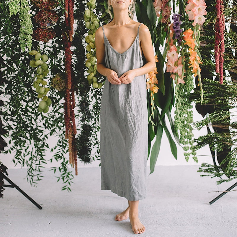 nvxiot Casual Loose Cotton Linen Women'S Dresses Summer Sexy Spaghetti Strap Sleeveless Harajuku Long Midi Party Club Dress