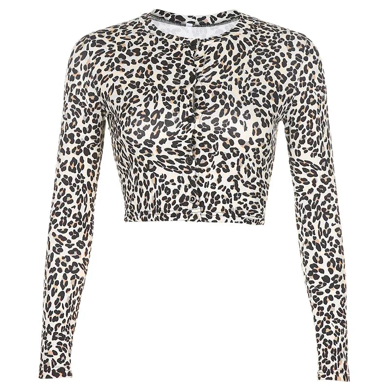 MQTIME - Leopard Women T Shirt Long Sleeve Crop Top Y2K Tees Top Outfits Button Skinny Sexy Summer Tshirt Streetwear Spring Top Fashion