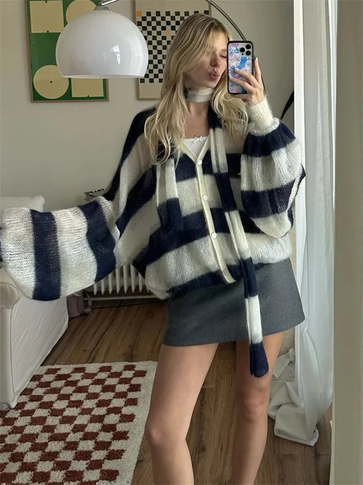 MQTIME - V-Neck Scarf Sweater Cardigan Female Contrast Casual Patchwork Autumn Hollow Out Outwear Women's Knitwear Coat Cardigan