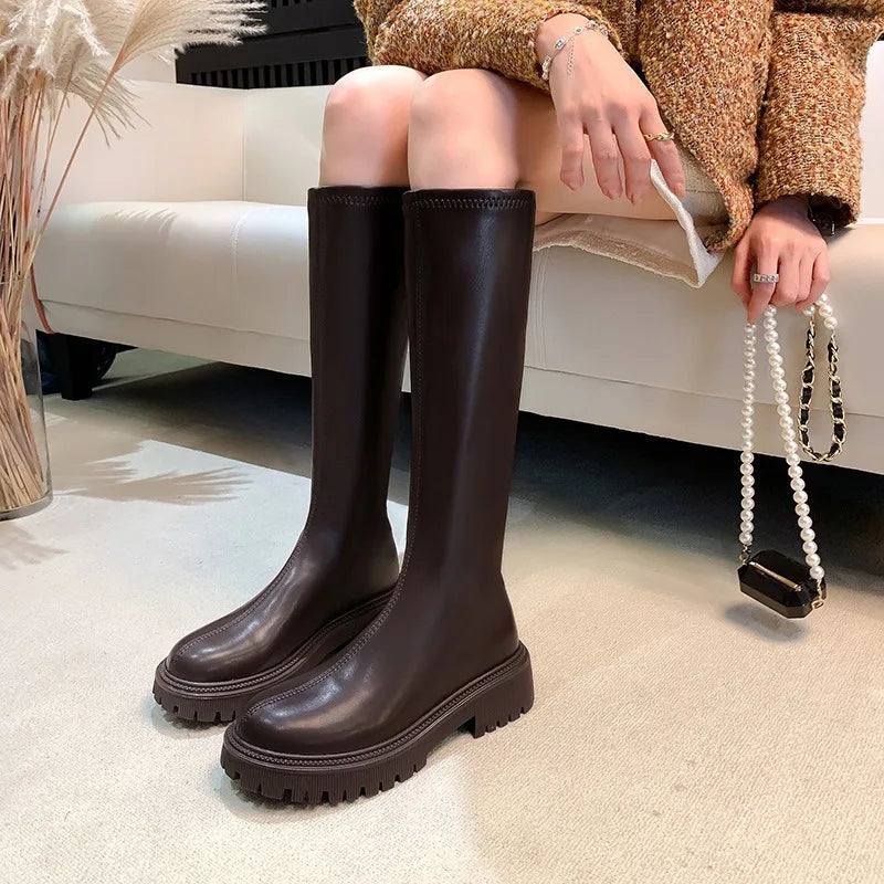 nvxiot - Women's Long Boots Autumn/Winter Thick Sole Round Toe Fashion Versatile Inner Heightening British Brown Knight Boots Women