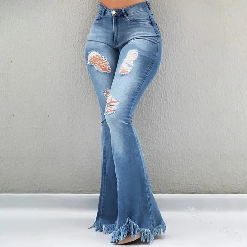nvxiot - Women Ripped Vintage Fashion All-match Slim Pants Ladies Denim Flare Jeans Denim Skinny Female Wide Leg Hole Trousers Pop