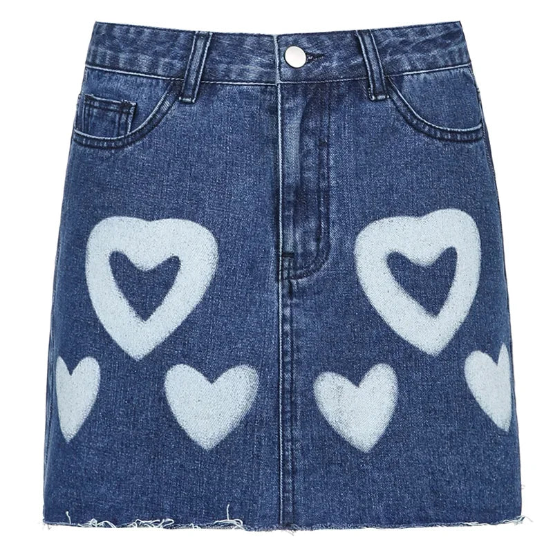 MQTIME - Y2k Vintage Party Club Streetwear Mini Skirts Bodycon Clothes 2024 Fashion Harajuku Women Lovely Heart Print A Line Denim Skirt