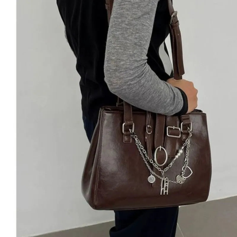 nvxiot - Sweet Cool Brown Shoulder Bags Purse Women High Street Leather Chain Handbag Ladies Moto Biker Casual The Tote Bag Y2k