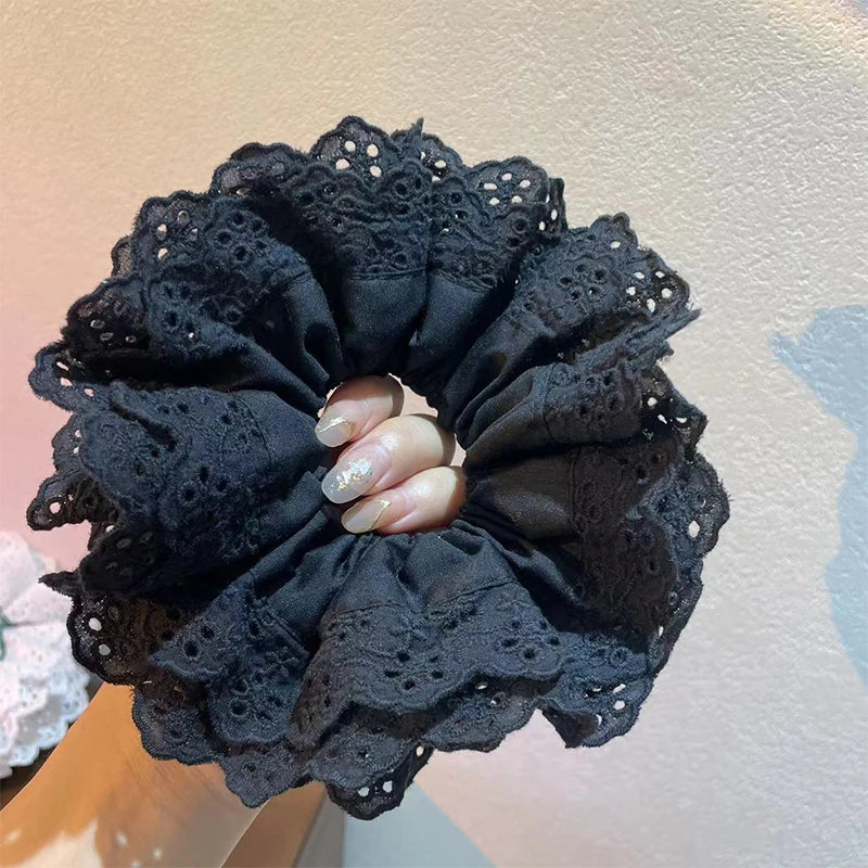 nvxiot - Retro Korean Flower Lace Scrunchies Four Layer Women Girls Exquisite Elastics Plaid Large Intestine Hair Holder Sweet INS Access
