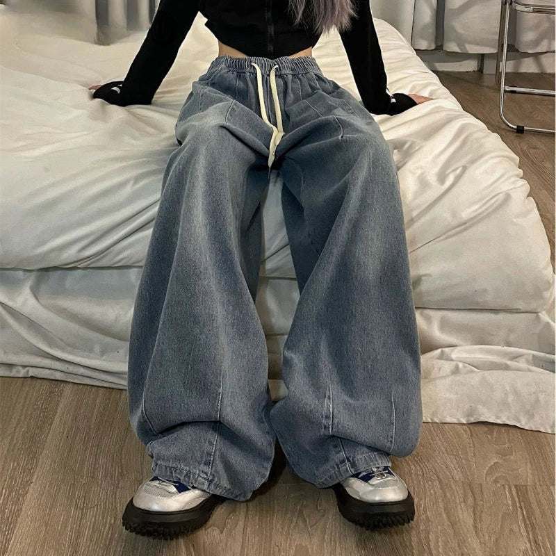nvxiot - Elastic Waist Oversized American Trouser Denim Wide Leg Streetwear Straight Basic Pants Y2k Spring Women Vintage Baggy Jeans