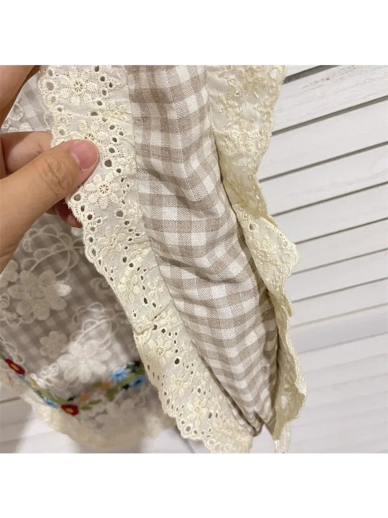 nvxiot - Women Vintage Plaid Lace Embroidery Single Shoulder Bags Totes Women's Soft Floral Cotton Large Capacity Bag