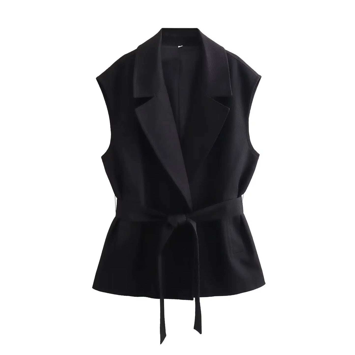 MQTIME - Elegant Women Vest Suit Lapel Sleeveless Vests Pocket Belt Slim Casual Coat+Vintage Drawstring Folds Slim Long Pant