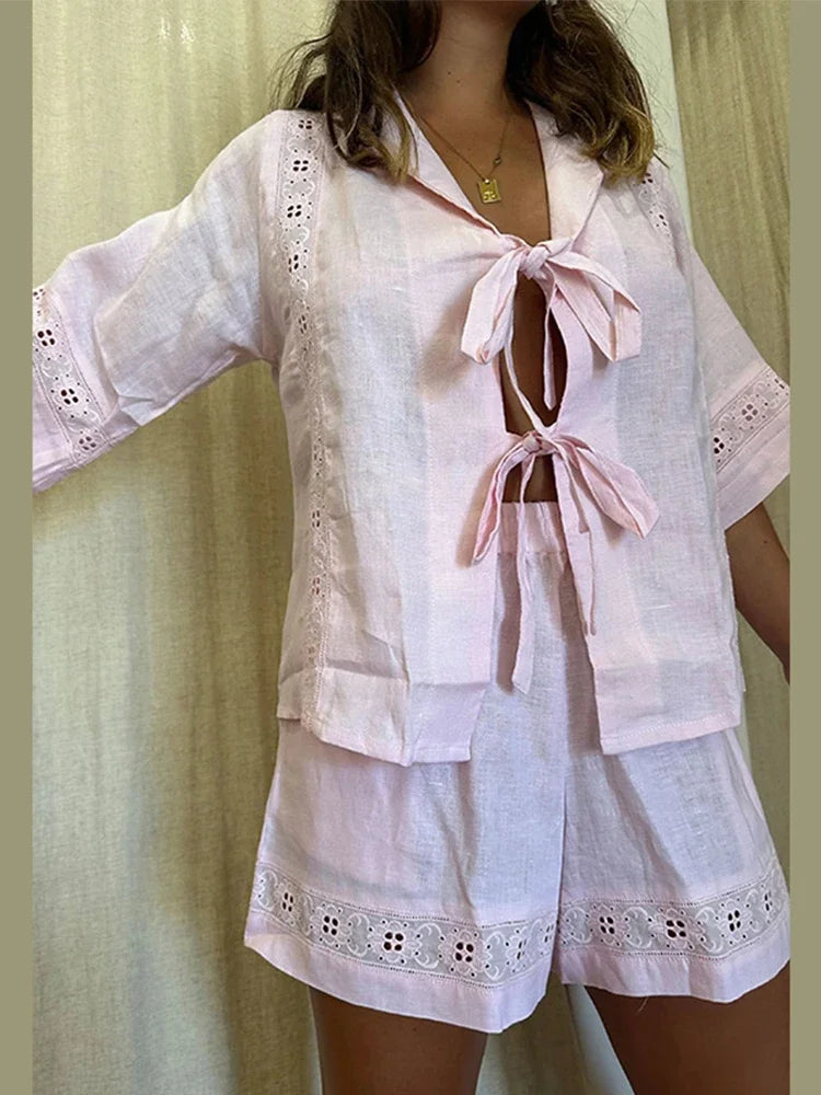 MQTIME - Embroidered Shorts Suit Women 2 Piece Set Hollow Out Lapel Casual Short Sleeve Shirt Sets 2024 Summer Lady Commuter Beach Outfit