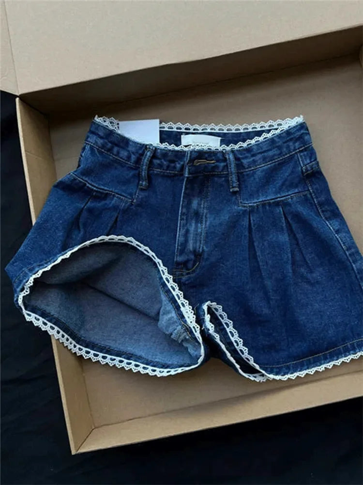 nvxiot - Women's Shorts Summer Dark Blue High Waist Jeans Y2K Straight A Sense of Niche Design Streetwear Vintage Wide Leg Denim Shorts