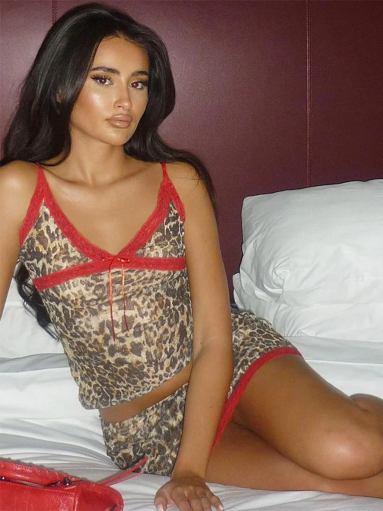 MQTIME - Leopard Lace Spliced Mini Skirt Set Women V-Neck Tank Top Crop Slim Short Skirt Suit Hottie Y2K Outfit Streetwear 2024