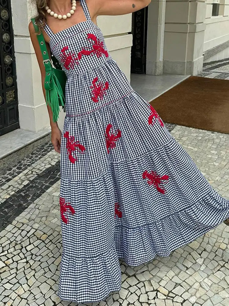 nvxiot Hanging Strap Printed Large Hem Long Dress Lady Casual Off Shoulder Sleeveless Plaid Robe Women Vacation Beach Vestidos