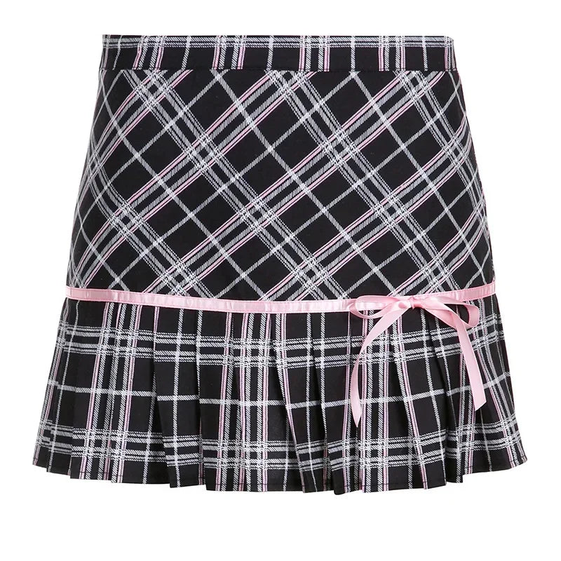 MQTIME - Vintage Black Plaid Stripe Pleated Skirt with Lace Bow Kawaii Skirts @E-girl 00s Fairycore 2000s Grunge Aesthetics Korean Cloth