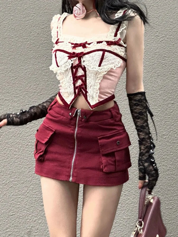 MQTIME - Sexy Red Zipper Mini Skirt Hotsweet High Street Pocket Cargo Skirt Korean Style Design High Waist Slim Skirts for Women