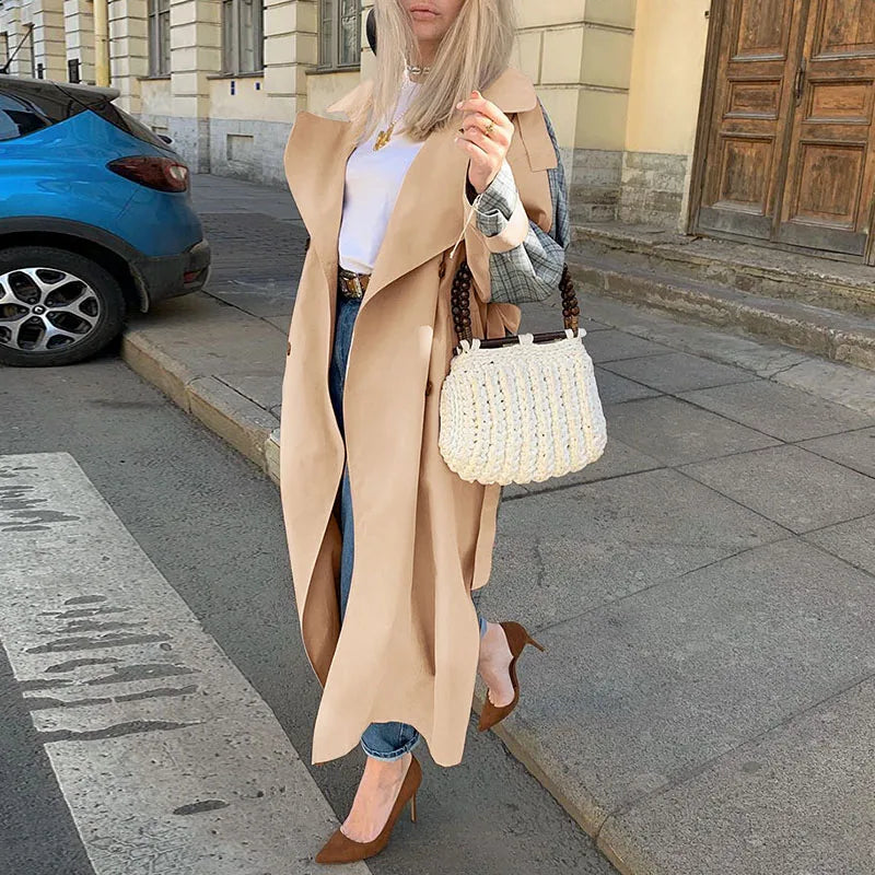 MQTIME - Fashion Causal Light Tan Autumn Winter Trench Windbreaker Split Joint Elegant Long Sleeve Coat Plaid Long Women Coat with Belt