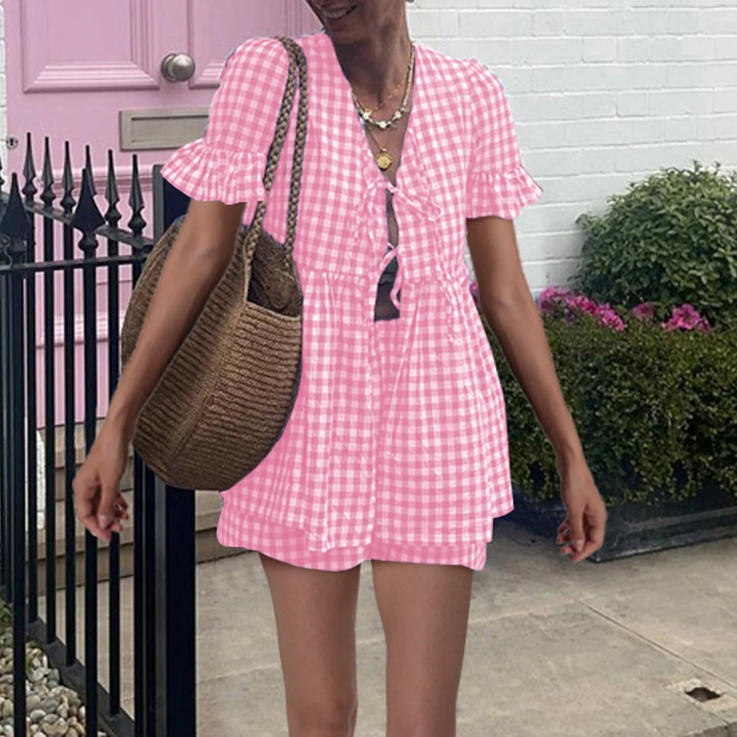nvxiot - Women's Summer Plaid Outfits Ruffled Short Sleeve Tie-Up Front Peplum Tops with Elastic Waist Shorts Set Streetwear
